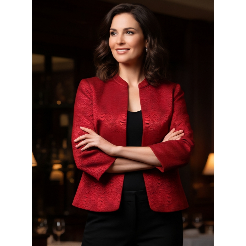 Kasper Tailored Red/ Black Patterned Mandarin Col… - image 1